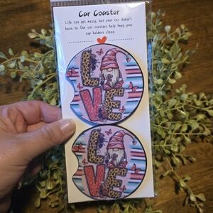 Whimsical Gnome Love Car Coaster Set - Pink and Blue